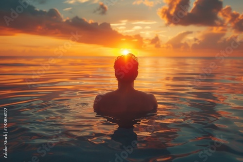A serene moment as a person enjoys a tranquil swim in the ocean against a stunning sunset