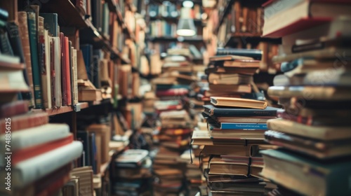 piles of books in library hall