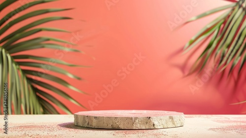 Summer and nature product display with stone table counter on blur coconut leaf background in living coral red color with space for text 