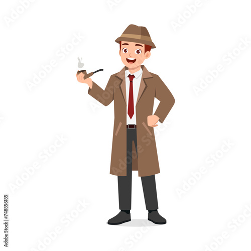 man wearing detective costume and holding smoking pipe