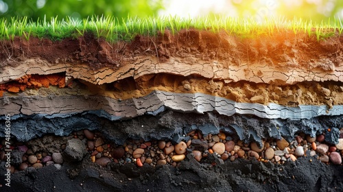 Isometric Soil Layers diagram, Cross section of green grass and underground soil layers beneath, stratum of organic, minerals, sand, clay.