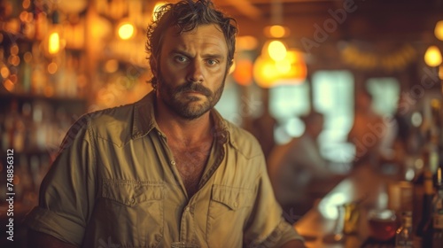 A Bartender with a Beard and Tan Shirt, Man in a Tan Shirt and Necklace Standing at the Bar, Bartender Staring into the Camera, Tan-Shirted Man Behind the Counter of a Bar.