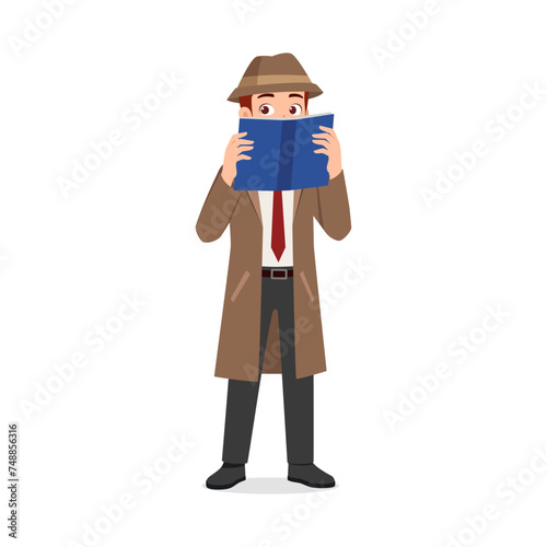 detective standing and read book while spying