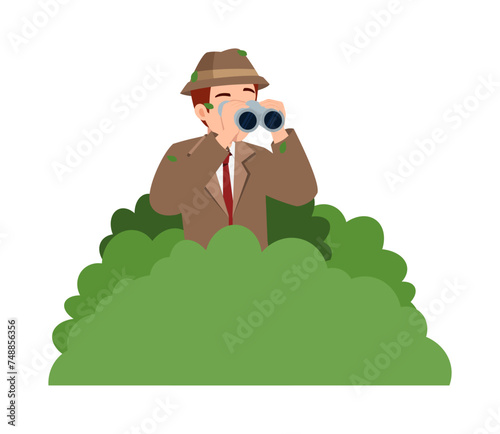 detective hide in the bush and holding binocular
