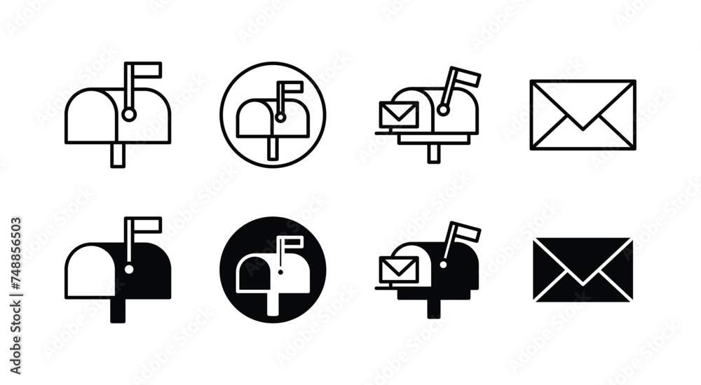 Mailbox icon set. Mail box sign and symbol. Containing email, E-mail, post, P.O.B button. Vector illustration - obrazy, fototapety, plakaty 