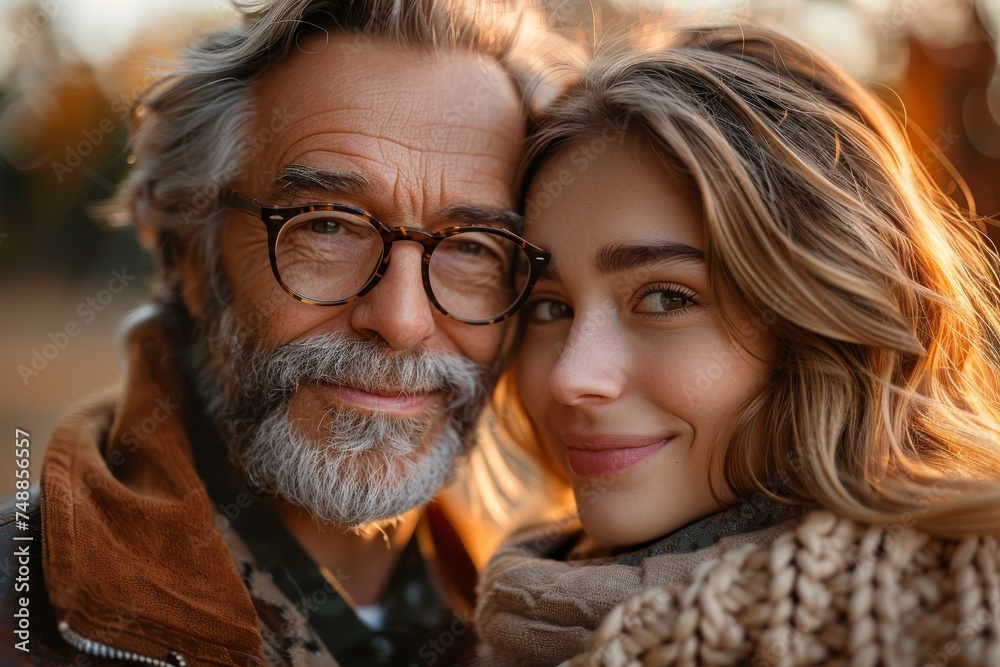 An affectionate portrait of an elderly man with glasses and a young woman sharing a close embrace An affectionate portrait of an elderly man with glasses and a young woman sharing a close embrace