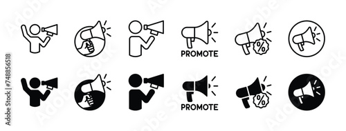 Megaphone icon set. Communication via loudspeaker. Containing promotion, advertising, marketing, public, communication, advert, promo, campaign, broadcast. Vector illustration