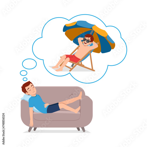 man sleep on sofa and dreaming about vacation