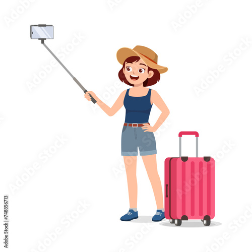 young traveler woman taking selfie and feel happy