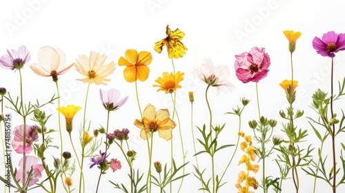pressed flowers in a natural summer colors, knolling art on canvas, white background
