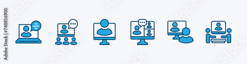 Set of video conference icon. Digital communication icons. Containing group, meeting, chat speech bubble, discussion, conversation, talking, course, webinar, presentation. Vector illustration