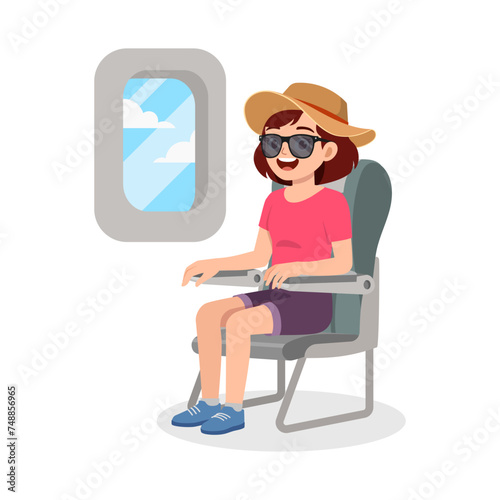 young woman sit on airplane seat and travel