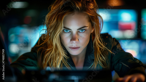 portrait of a female hacker looking at the camera and using her laptop