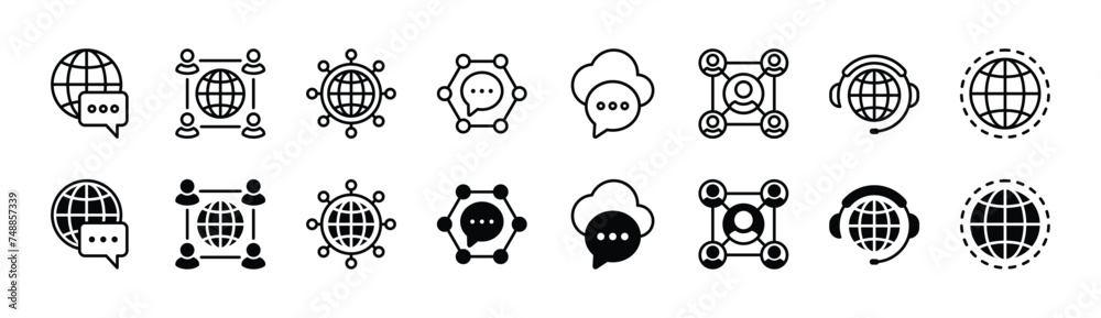 Global business connection icon set. Containing networking, communication, teamwork, people, service and support. Vector illustration