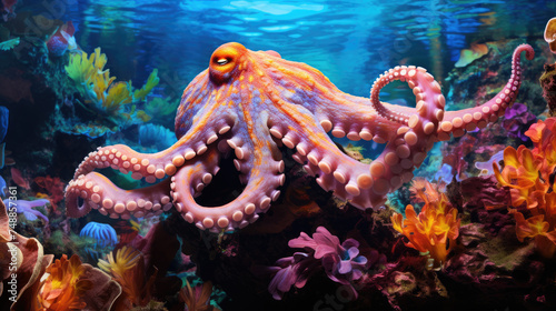 Octopus with neon violet and pink marbled skin moves among coral in an ocean shallow. Big monster creature with tentacles whip around as it scuttles through the aquatic landscape.