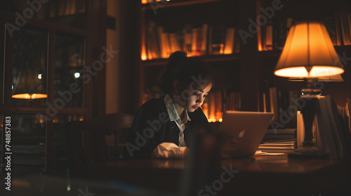Young female student sitting in front of the computer and studying late at night in the library