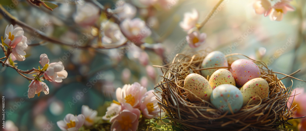 A serene, close-up image of speckled Easter eggs nestled within a cherry blossom branch, symbolizing the blossoming of spring