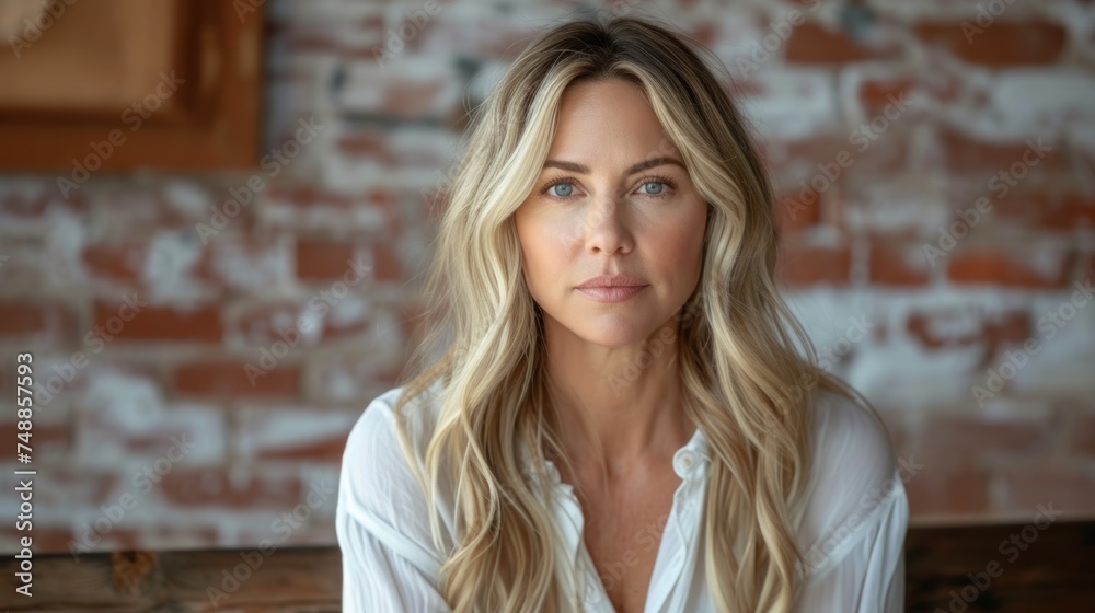 Fototapeta premium Blonde Beauty, The Brick Wall Backdrop, A Woman's Gaze, Golden Locks and White Blouse.
