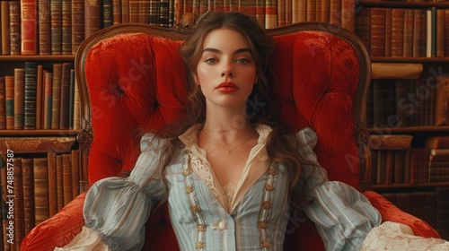 A Victorian Lady in a Red Chair, The Enchanting Beauty of an Old-Fashioned Doll, A Vintage Portrait of a Woman Sitting on a Bookshelf, An Ethereal Figure in a Red Velvet Chair. photo