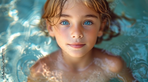 A Smiling Little Girl in the Water, A Young Child with Blue Eyes Swimming, A Happy Little Girl Posing in Water, A Cute Blonde Girl Laughing and Smiling in Water.