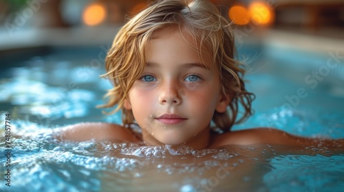 A Little Boy Swimming in a Pool, The Joy of Swimming: Young Child in the Water, Pool Time: A Young Boy Relaxing and Enjoying the Water, Splashing Around: A Young Boy in a Swimming Pool.