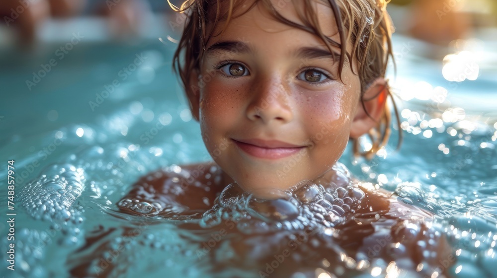 A Smiling Boy in the Pool, Sunlit Swimmer with a Beautiful Smile, Poolside Portrait of a Happy Child, Young Boy Enjoying His Time in the Water.