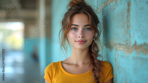 A Smiling Woman with Blue Eyes, The Beauty of a Young Lady, A Bold and Confident Stance, A Girl Posing Against a Wall. photo