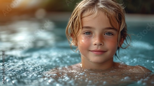 Smiling Girl in Swimming Pool, A Young Child Posing for a Picture in the Water, Little Girl Enjoying Her Time in the Swimming Pool, Swimming Pool Portrait of a Happy Little Girl.