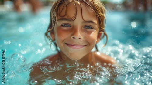 Smiling Boy in Swimming Pool, Happy Child in Water, Little Boy Enjoying Swim Time, A Young Boy's Joyful Moment in the Pool.