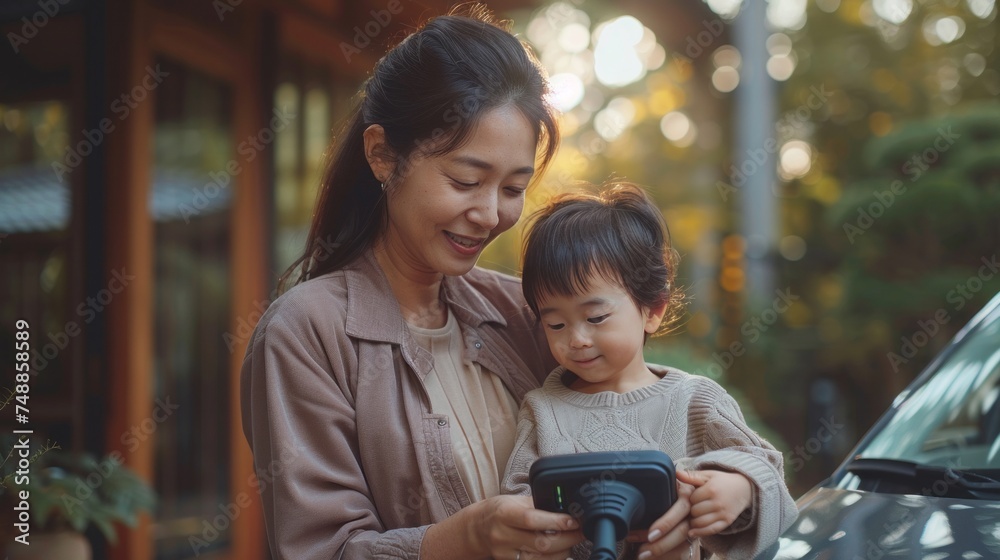 East Asian family, parents with child, holding an EV charger plugging into a car,