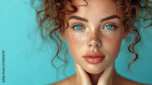A woman with red hair and blue eyes., Close-up of a beautiful young lady with freckles., A portrait of a girl with long, curly hair., A stunning close-up of a woman's face.. photo