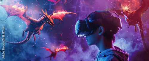 Virtual reality concept. Model young woman in glasses of virtual reality on background with dragons, fire, fantasy world. Augmented reality, future technology concept. VR. Neon light.