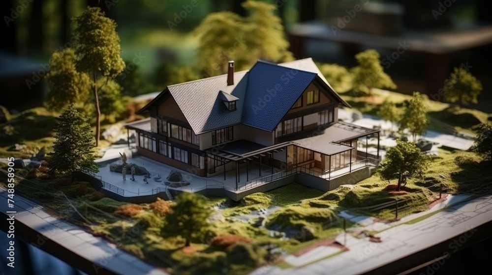 Architectural plans and landscape design on desk - top view with architectural and natural elements Architectural plans and landscape design on desk - top view with architectural and natural elements