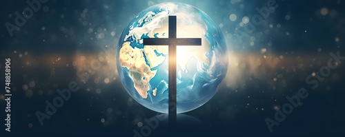 Symbolic image of Christianity spreading Worldwide Earth globe with cross. Concept Christianity, Global Spread, Symbolic Image, Earth Globe, Cross photo