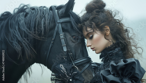A sensual girl with closed eyes hugs her horse. © Ренат Хисматулин