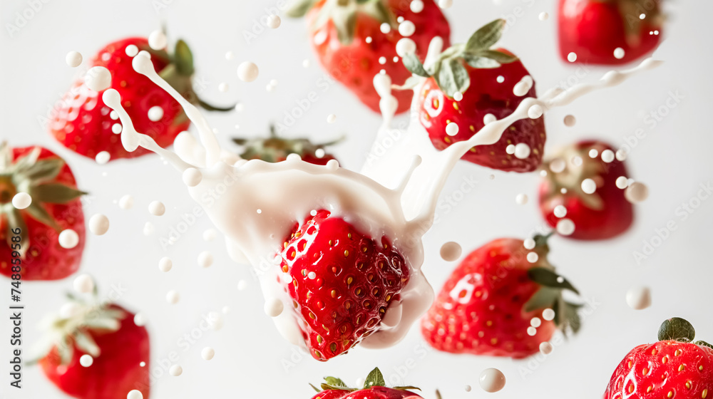 Strawberries Splashing into Creamy Milk Droplets Strawberries Splashing into Creamy Milk Droplets