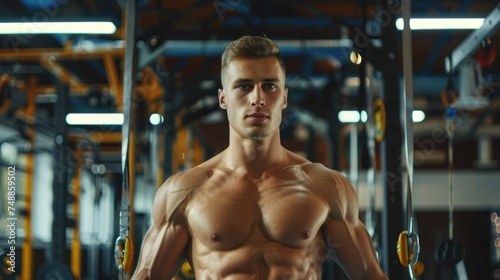 strong handsome man in the gym, looking straight in the camera, has muscles