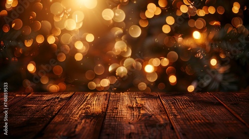 Abstract bokeh background with golden light effects and wooden table for a festive decoration  photo
