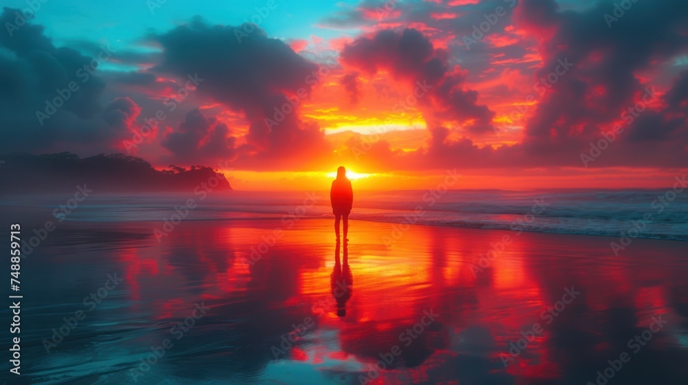 Sunset at the beach, Silhouette of a person on the shore, Reflection of the sun in the water, A serene moment by the ocean. Sunset at the beach, Silhouette of a person on the shore, Reflection of the sun in the water, A serene moment by the ocean.