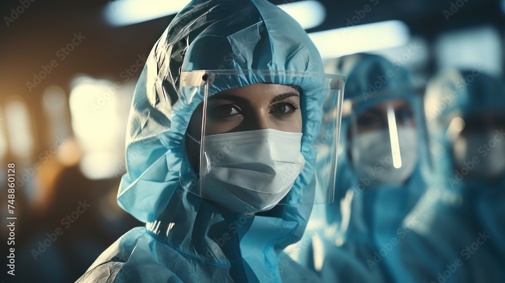 Group of doctors in protective suits and masks looking at camera in hospital Group of doctors in protective suits and masks looking at camera in hospital