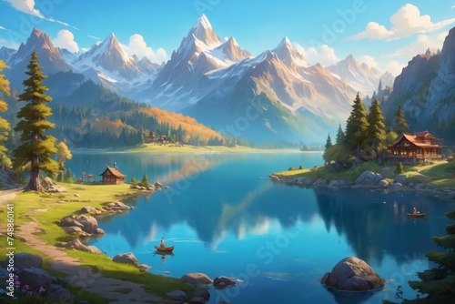 A world of wonder with this animated depiction of a cartoon landscape. From the majestic mountains to the tranquil lake, every detail is carefully crafted to transport you to a place of peace 