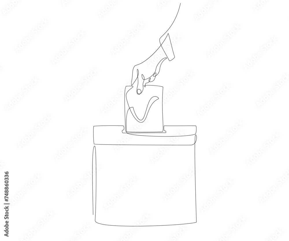 Single line drawing of hand putting voting paper in ballot box. Election vote concept in linear style Continuous one line style. Vector sketch illustration for design of banner, poster, flyer Single line drawing of hand putting voting paper in ballot box. Election vote concept in linear style Continuous one line style. Vector sketch illustration for design of banner, poster, flyer