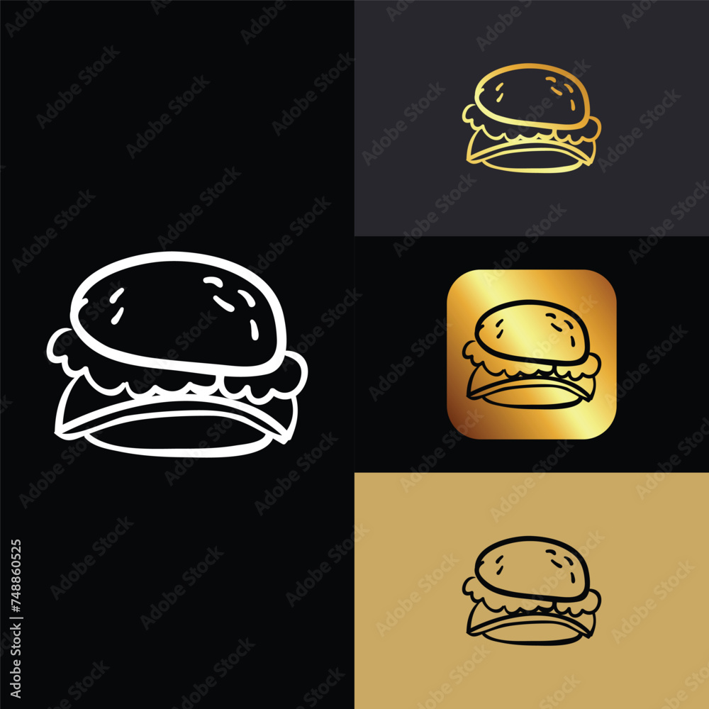 Burger icon design template. Flat hamburger logo background. Line street fast food symbol illustration. Modern concept for bar, cafe, stall, delivery Burger icon design template. Flat hamburger logo background. Line street fast food symbol illustration. Modern concept for bar, cafe, stall, delivery