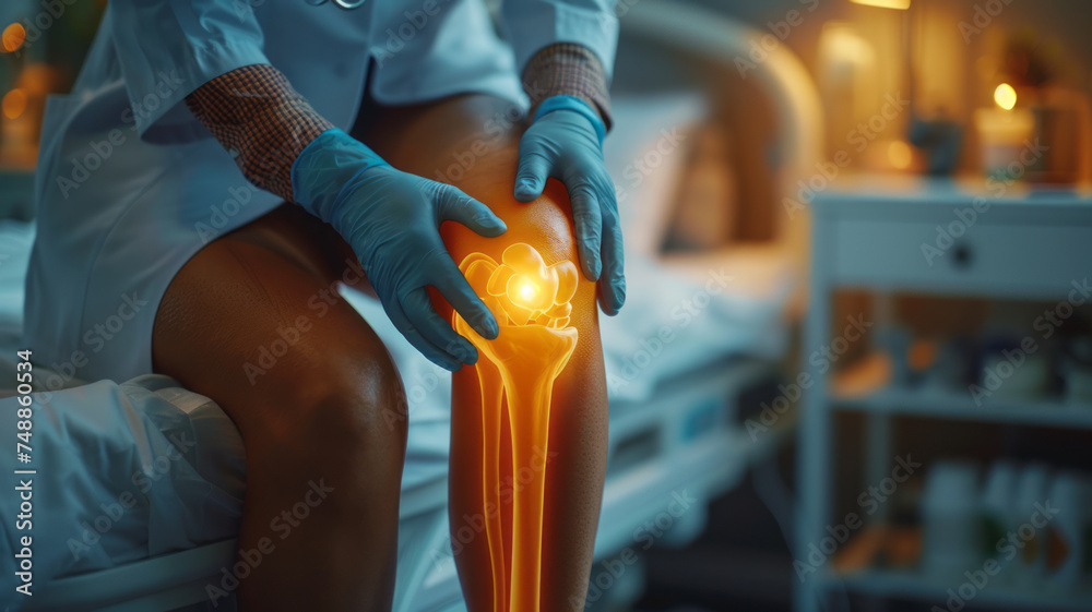 close-up doctor standing beside the patien bed and use hand wear medical glove touching swell knee of patien lie down on bed in clinic,generative ai - obrazy, fototapety, plakaty 