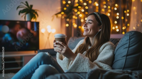 Pretty young lady in white robe watching TV having lazy evening hold cup of coffee. drinking take away coffee. Leisure time.