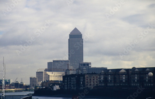Skyline of One Canada Square Canary Wharf  in Docklands  London  UK during early 1990s