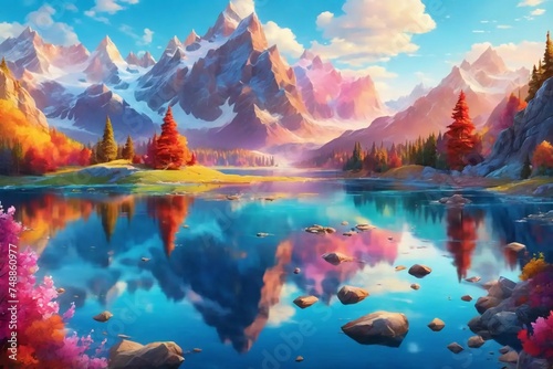 A fantastical landscape of cartoon mountains and a crystal-clear lake. With every brushstroke, the vibrant colors and intricate details bring this scene to life.