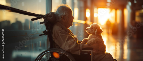 A warm image capturing a senior individual in a wheelchair bonding with their pet dog as the sunsets, lighting up the room in a golden glow © Fxquadro