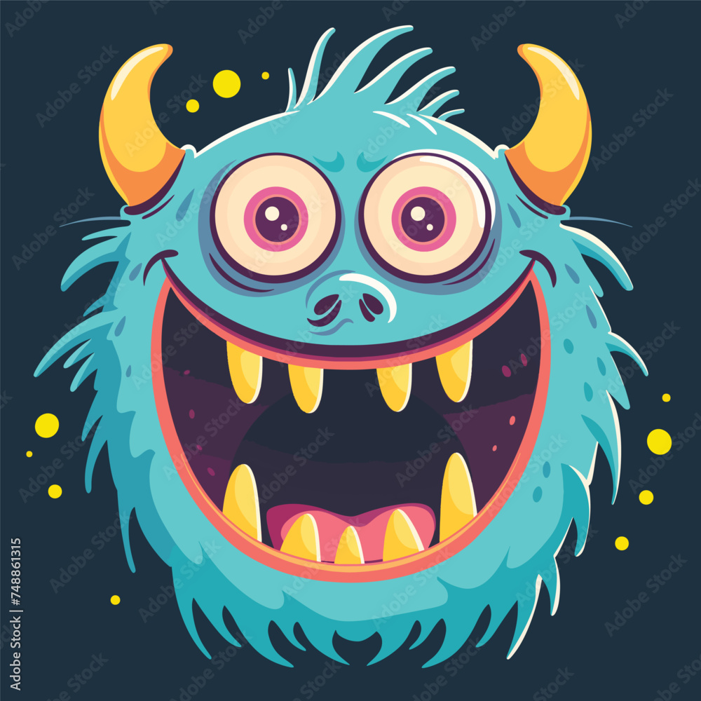 Happy cartoon monster. Laughting monster face emotion.