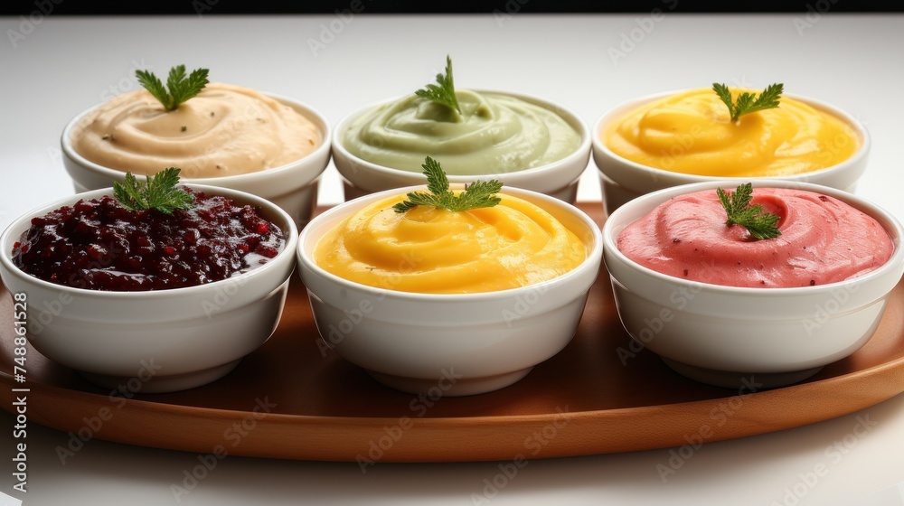 Group of natural sauces in bowls on white background Group of natural sauces in bowls on white background